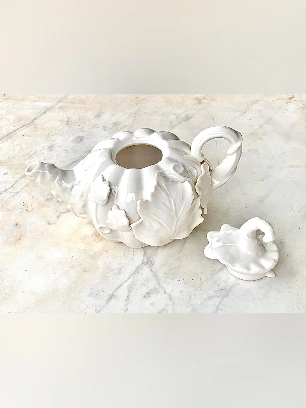 GRACE’S TEAWARE AUTUMN PUMPKIN TEA POT & LID WHITE BONE VINES 3D NEW PORCELAIN
